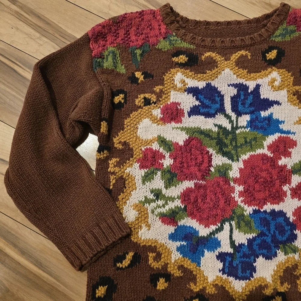 Vintage Floral Leopard Intarsia Knit Sweater Brown Red Cottagecore Grandmacore M - Picture 5 of 11